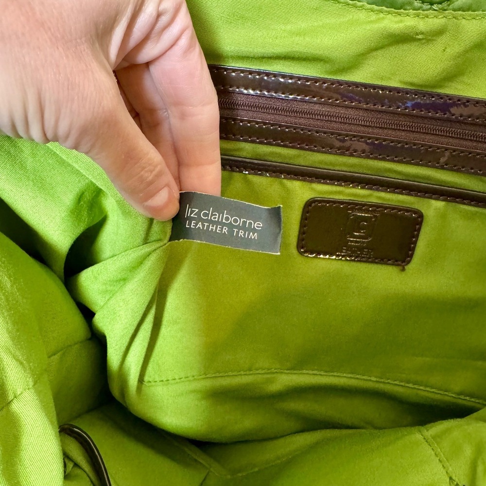 Liz Claiborne Lime Green Nylon Shoulder Bag Brown Patent Leather Trim Hobo Tote - Picture 5 of 11